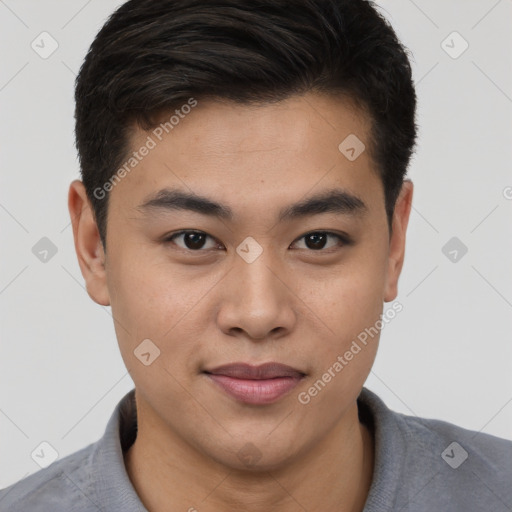 Joyful asian young-adult male with short  brown hair and brown eyes