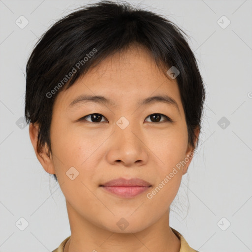 Joyful asian young-adult female with short  brown hair and brown eyes