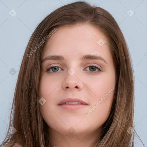 Neutral white young-adult female with long  brown hair and brown eyes