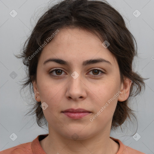 Neutral white young-adult female with medium  brown hair and brown eyes