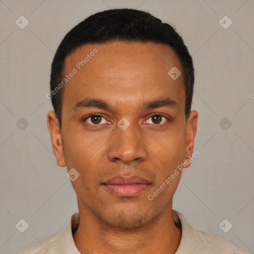 Neutral latino young-adult male with short  black hair and brown eyes