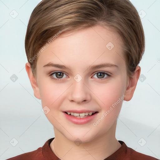 Joyful white child female with short  brown hair and brown eyes