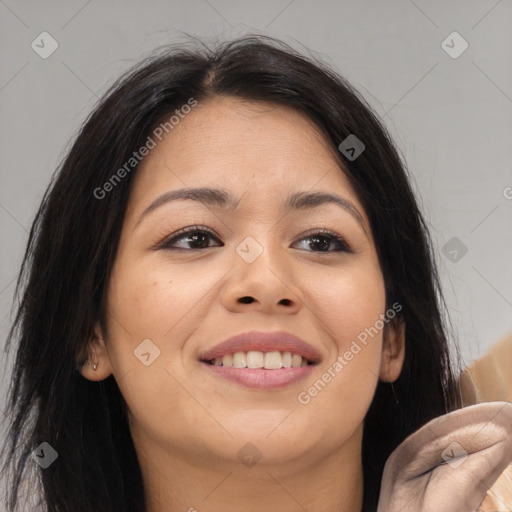 Joyful latino young-adult female with medium  brown hair and brown eyes