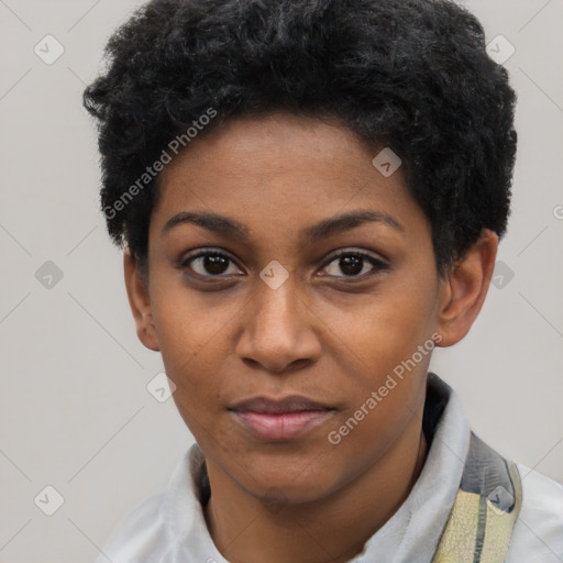 Neutral black young-adult female with short  black hair and brown eyes