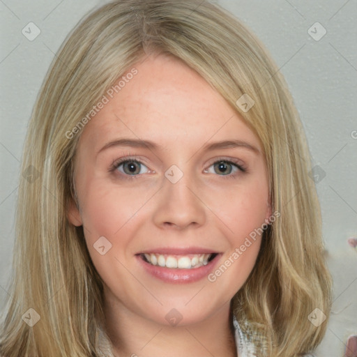 Joyful white young-adult female with medium  brown hair and blue eyes