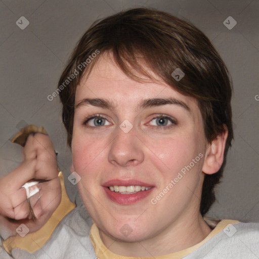 Joyful white young-adult female with medium  brown hair and blue eyes