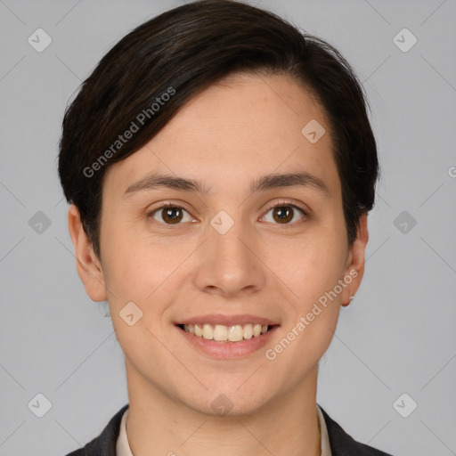 Joyful white young-adult female with short  brown hair and brown eyes