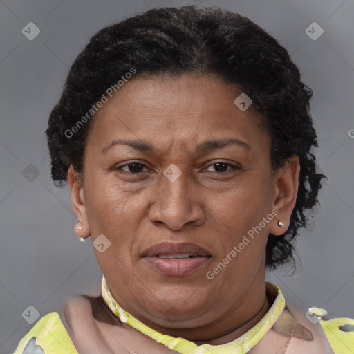 Joyful latino adult female with short  brown hair and brown eyes