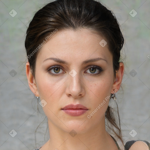 Neutral white young-adult female with medium  brown hair and brown eyes