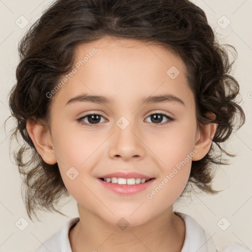 Joyful white child female with medium  brown hair and brown eyes