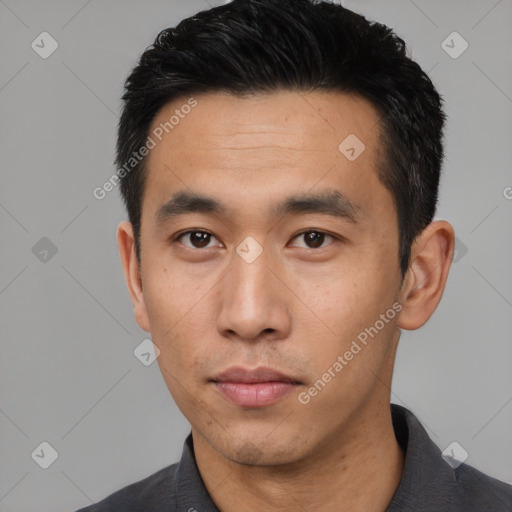 Neutral asian young-adult male with short  black hair and brown eyes