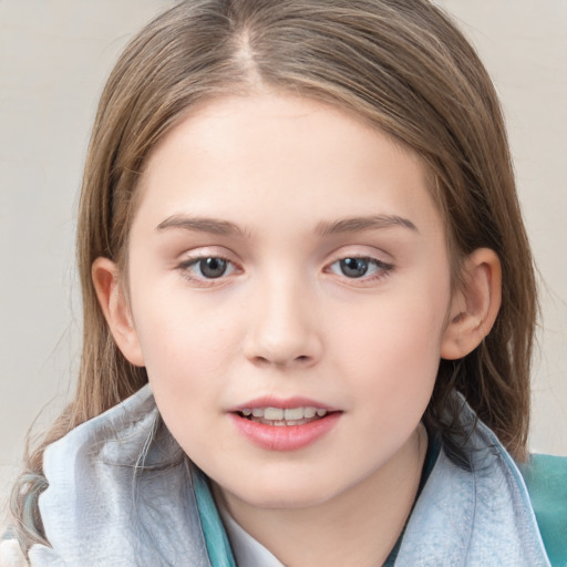 Joyful white child female with medium  brown hair and brown eyes