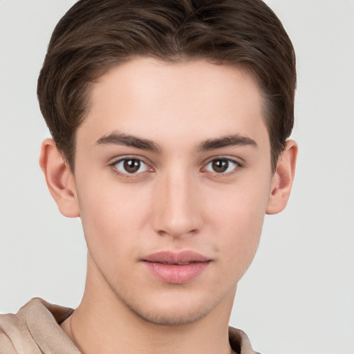 Neutral white young-adult male with short  brown hair and brown eyes