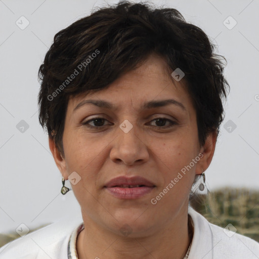 Joyful white adult female with short  brown hair and brown eyes