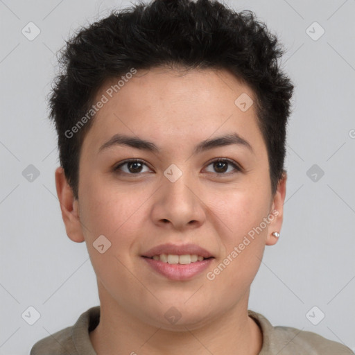 Joyful asian young-adult female with short  brown hair and brown eyes