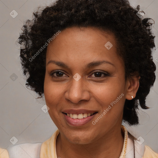 Joyful black young-adult female with medium  brown hair and brown eyes