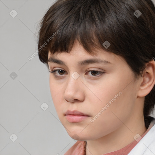 Neutral white young-adult female with short  brown hair and brown eyes