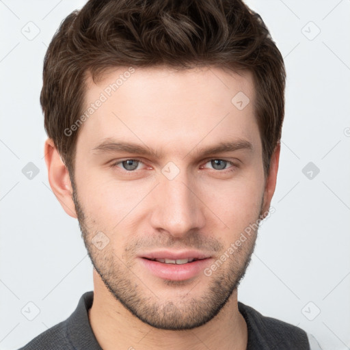 Neutral white young-adult male with short  brown hair and grey eyes