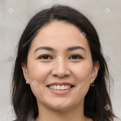 Joyful white young-adult female with long  brown hair and brown eyes