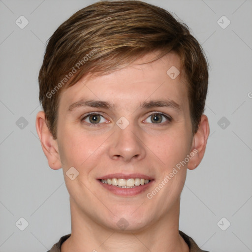 Joyful white young-adult female with short  brown hair and grey eyes