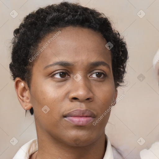 Neutral black young-adult female with short  brown hair and brown eyes