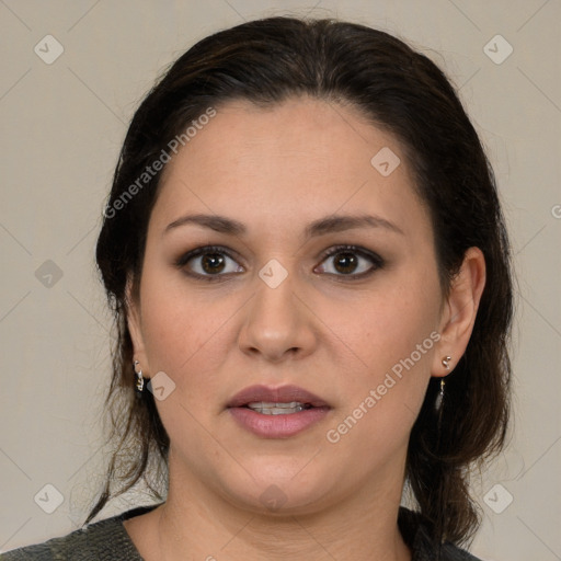 Joyful white young-adult female with medium  brown hair and brown eyes