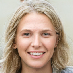 Joyful white young-adult female with medium  brown hair and blue eyes