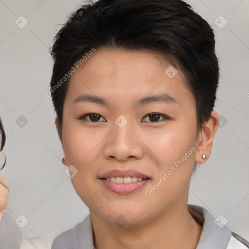 Joyful white young-adult female with short  brown hair and brown eyes