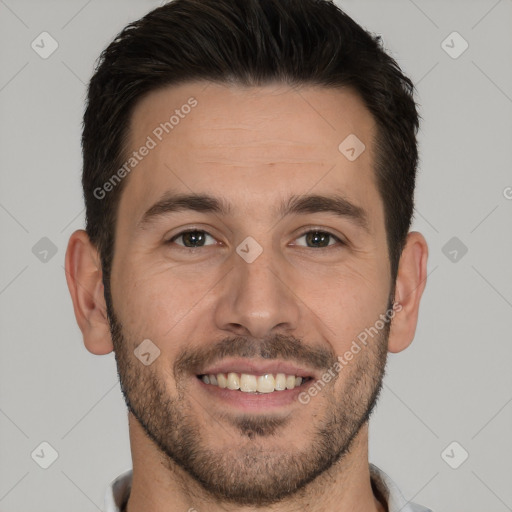 Joyful white young-adult male with short  brown hair and brown eyes