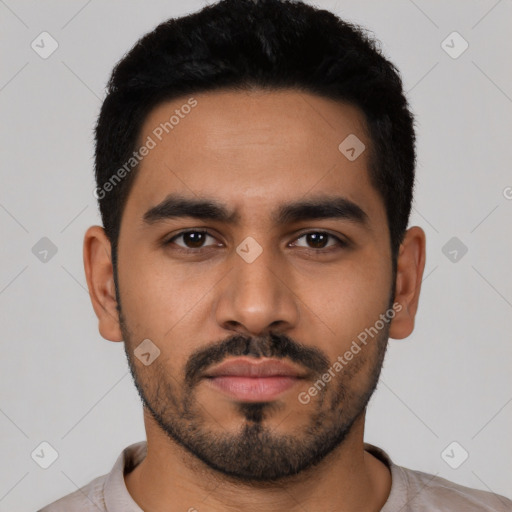 Neutral latino young-adult male with short  black hair and brown eyes
