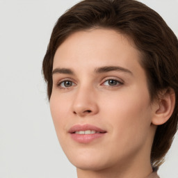 Neutral white young-adult female with short  brown hair and brown eyes