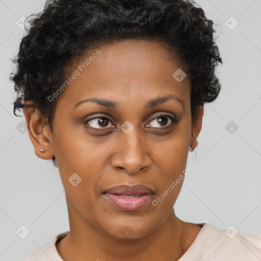 Joyful black adult female with short  brown hair and brown eyes