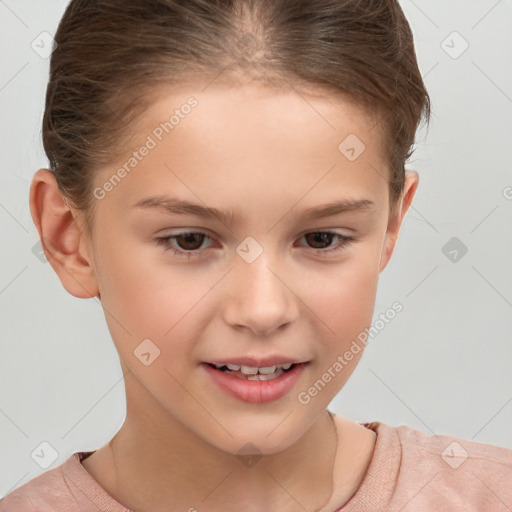 Joyful white child female with short  brown hair and brown eyes