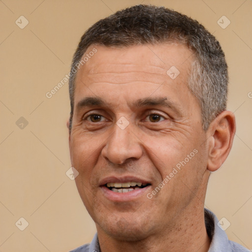 Joyful white middle-aged male with short  brown hair and brown eyes