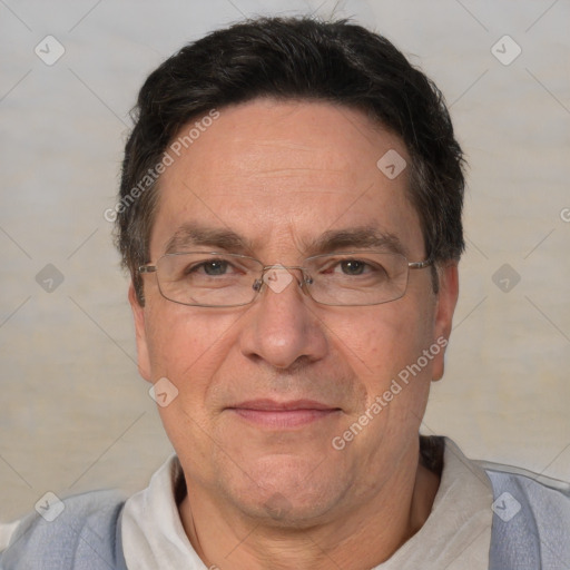 Joyful white middle-aged male with short  brown hair and brown eyes