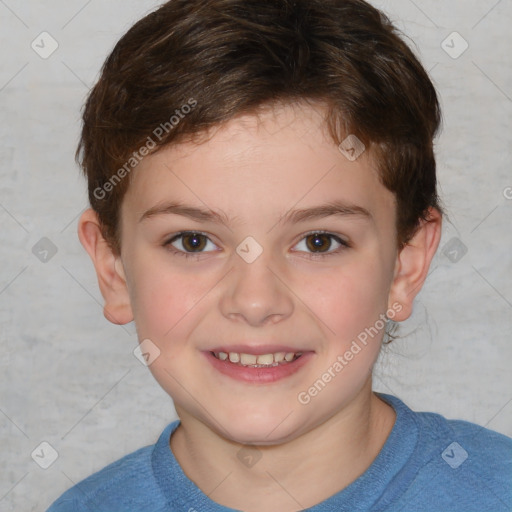 Joyful white child female with short  brown hair and brown eyes