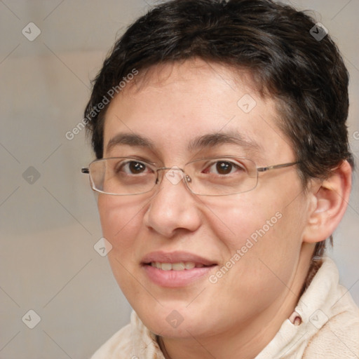 Joyful white adult female with medium  brown hair and brown eyes