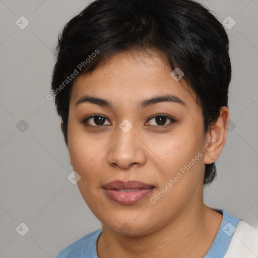 Joyful asian young-adult female with short  brown hair and brown eyes