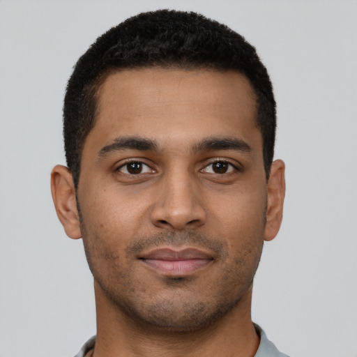 Neutral latino young-adult male with short  brown hair and brown eyes