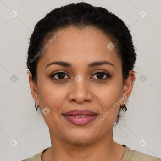 Joyful latino young-adult female with short  brown hair and brown eyes