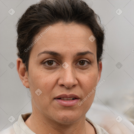 Joyful white adult female with short  brown hair and brown eyes