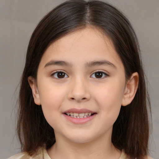 Joyful white child female with medium  brown hair and brown eyes