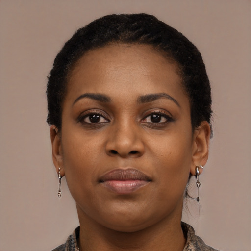Joyful black young-adult female with short  black hair and brown eyes