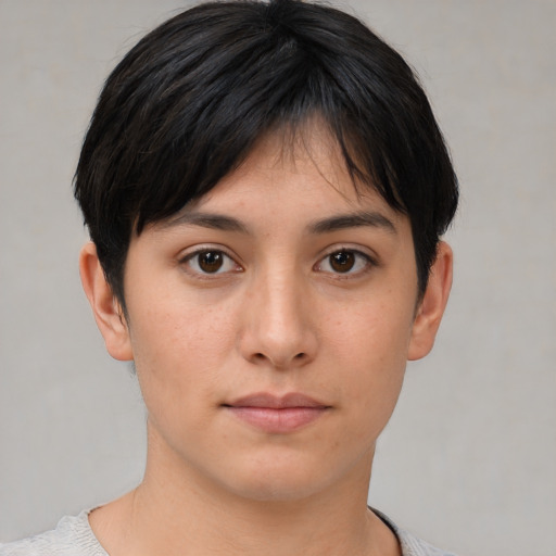 Neutral asian young-adult female with short  brown hair and brown eyes