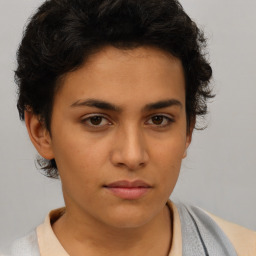 Neutral white young-adult female with short  brown hair and brown eyes