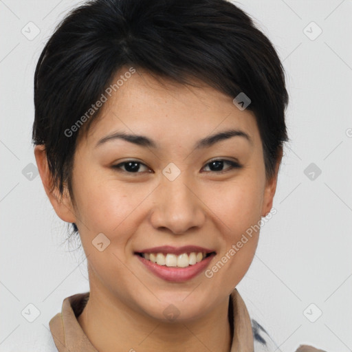 Joyful asian young-adult female with short  brown hair and brown eyes