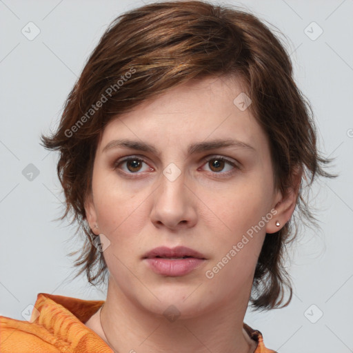 Neutral white young-adult female with medium  brown hair and brown eyes