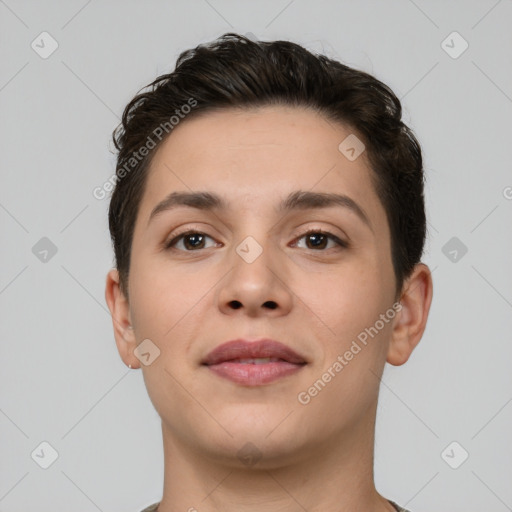 Joyful white young-adult female with short  brown hair and brown eyes