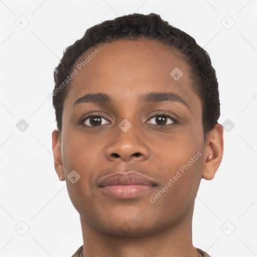 Joyful black young-adult male with short  brown hair and brown eyes