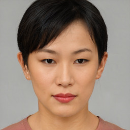 Neutral asian young-adult female with short  brown hair and brown eyes